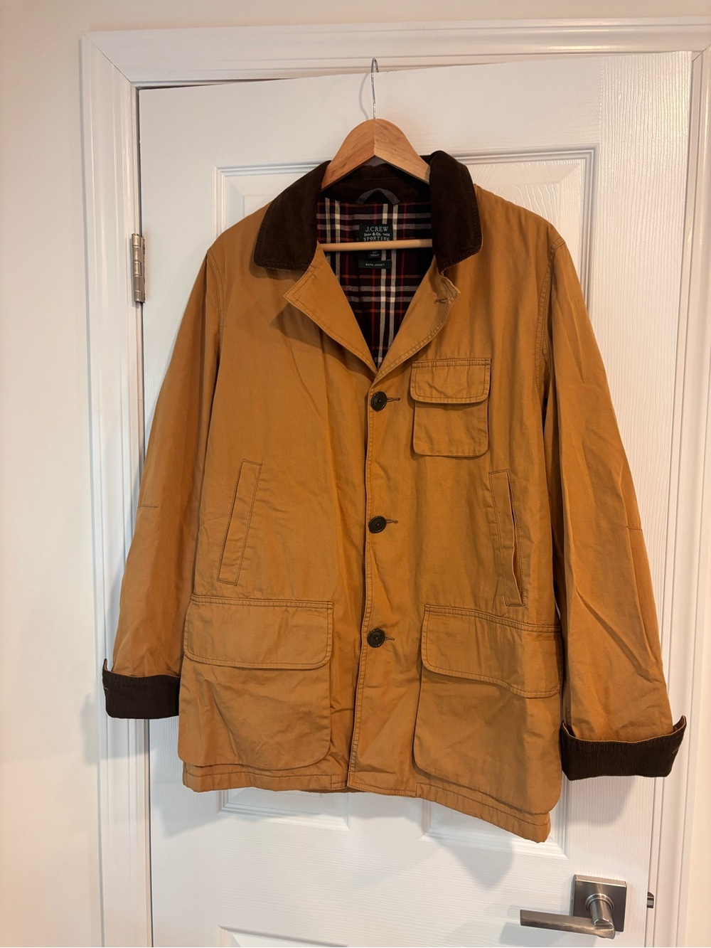 J.Crew tan cotton barn jacket with a brown corduroy collar size MT